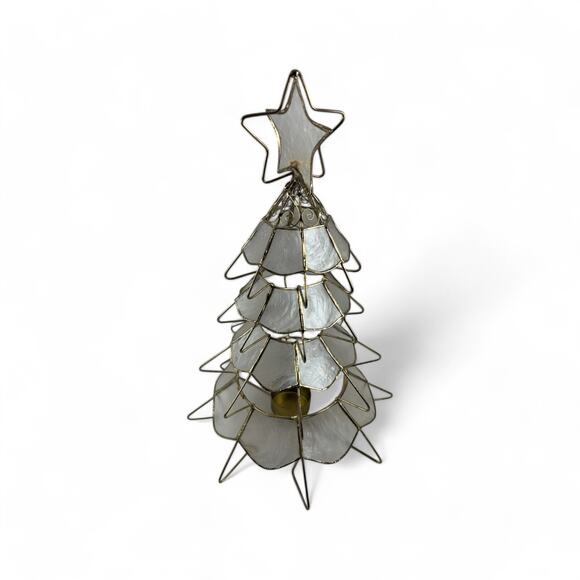 Vintage Capiz Shell Christmas Tree Candle Holder with Brass Frame Star Topper - Picture 12 of 16